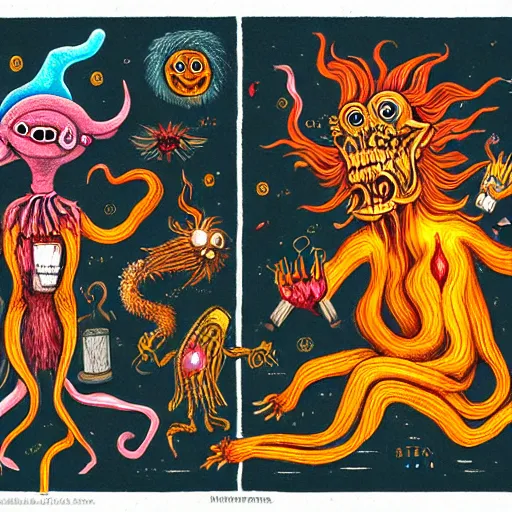 Image similar to bizarre whimsical uncanny bestiary of repressed unconscious emotional monsters and creatures in a fiery alchemicla lab