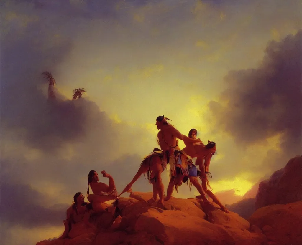 Image similar to two handsome american indians in loincloths, wrestling against a royal purple backdrop by ivan aivazovsky, oil painting, beautiful soft lighting, saturated colours, artstation