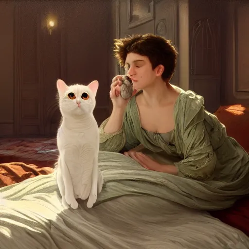 Image similar to a cat meowing at his parents while sitting on the bed digital painting, artstation, concept art, soft light, hdri, smooth, sharp focus, illustration, fantasy, intricate, elegant, highly detailed, D&D, matte painting, in the style of Greg Rutkowski and Alphonse Mucha and artemisia, 8k, highly detailed, jurgens, rutkowski, bouguereau, pastoral, rustic, georgic