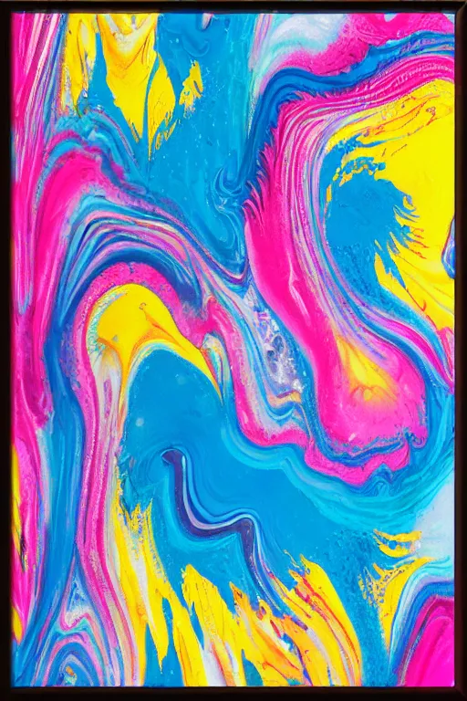 Prompt: acrylic paint pour, marbling, very detailed, large white border, 144x144 canvas, hd, high resolution print :1 Cyan, Pink, White, Yellow and Black :1