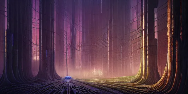 Image similar to painting of redwood forest labyrinth consuming cyberpunk metropolis in the style of nebulapunk by dan seagrave and tomasz alen kopera with futuristic castle by simon stahlenhag