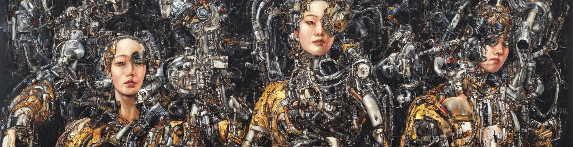 Image similar to 8K UHD, detailed portrait, high dynamic range, by katsuhiro otomo: (background= varnished oil paint on black background with pastel paint splashes in background)+ (subject = queen baroque expressionist cyborg machine goddess + subject detail= very detailed )