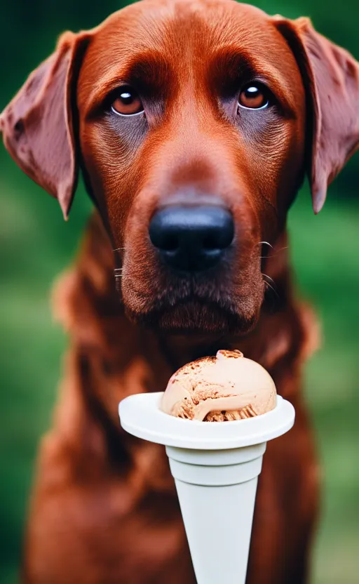 Prompt: a brown lab eating ice cream, hd photography