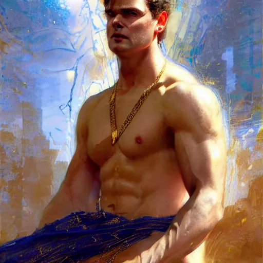 Prompt: detailed realistic cinematic wide shot of beautiful attractive muscular john green with gold chain wearing blue bath robe slim face symettrical face clean skin black eyes black robe smooth, sharp focus, ultra realistic, spring light, painting by gaston bussiere, craig mullins, j. c. leyendecker