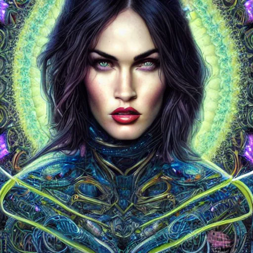 Image similar to portrait of megan fox, hyper detailed masterpiece, neon floral pattern, jean giraud, digital art painting, darkwave goth aesthetic, psychedelic, artgerm, donato giancola and tom bagshaw