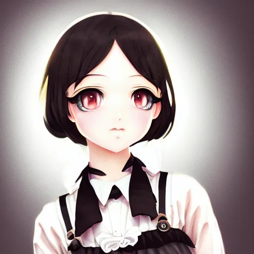 Image similar to Young Maid anime girl, realistic shaded Perfect face, fine details, realistic shaded lighting, fabulous, detailed lashes, Ilya Kuvshinov, Range Murata, IAMAG premiere