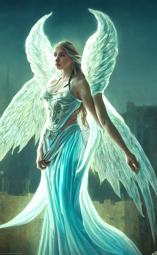 Image similar to angel, big wings, low key light, full plate armor with cloth, f 2. 8, bokeh, medium portrait, gentle, female, ornate city ruins, landscape, d & d, fantasy, intricate, elegant, highly detailed, teal white gold color palette, roger deakins, sharp focus, greg rutkowski and alphonse mucha