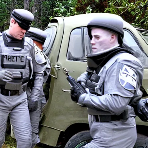 Prompt: an extraterrestrial zeta reticulan grey alien, being arrested by spetsnaz