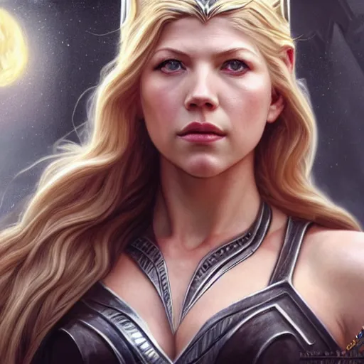 Image similar to beautiful Katheryn Winnick as Lady Thor, drawn by a 6 year old, western, closeup, D&D, fantasy, intricate, elegant, highly detailed, digital painting, artstation, concept art, matte, sharp focus, illustration, art by Artgerm and Greg Rutkowski and Alphonse Mucha