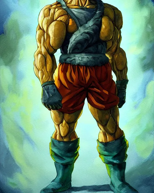 Prompt: a oil / watercolor painting full body character portrait of an old saiyan mercenary powering up in the style of moebius in the style of leonard boyarsky trending on artstation deviantart pinterest detailed photorealistic highlights and shadow hd 8 k post - processing high resolution