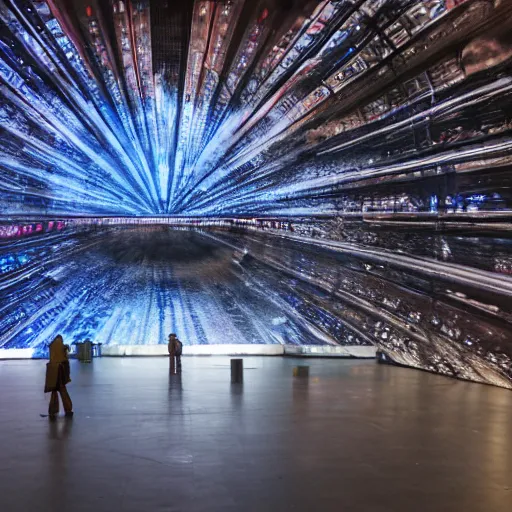 Prompt: high quality professional canon wide - angle lens photo of large scale immersive public art installation inside printworks london venue width large led screen on top, mirror on floor and big sphere for video projection on center. stage design by es devlin. installation about deep nebula space and proto planet.