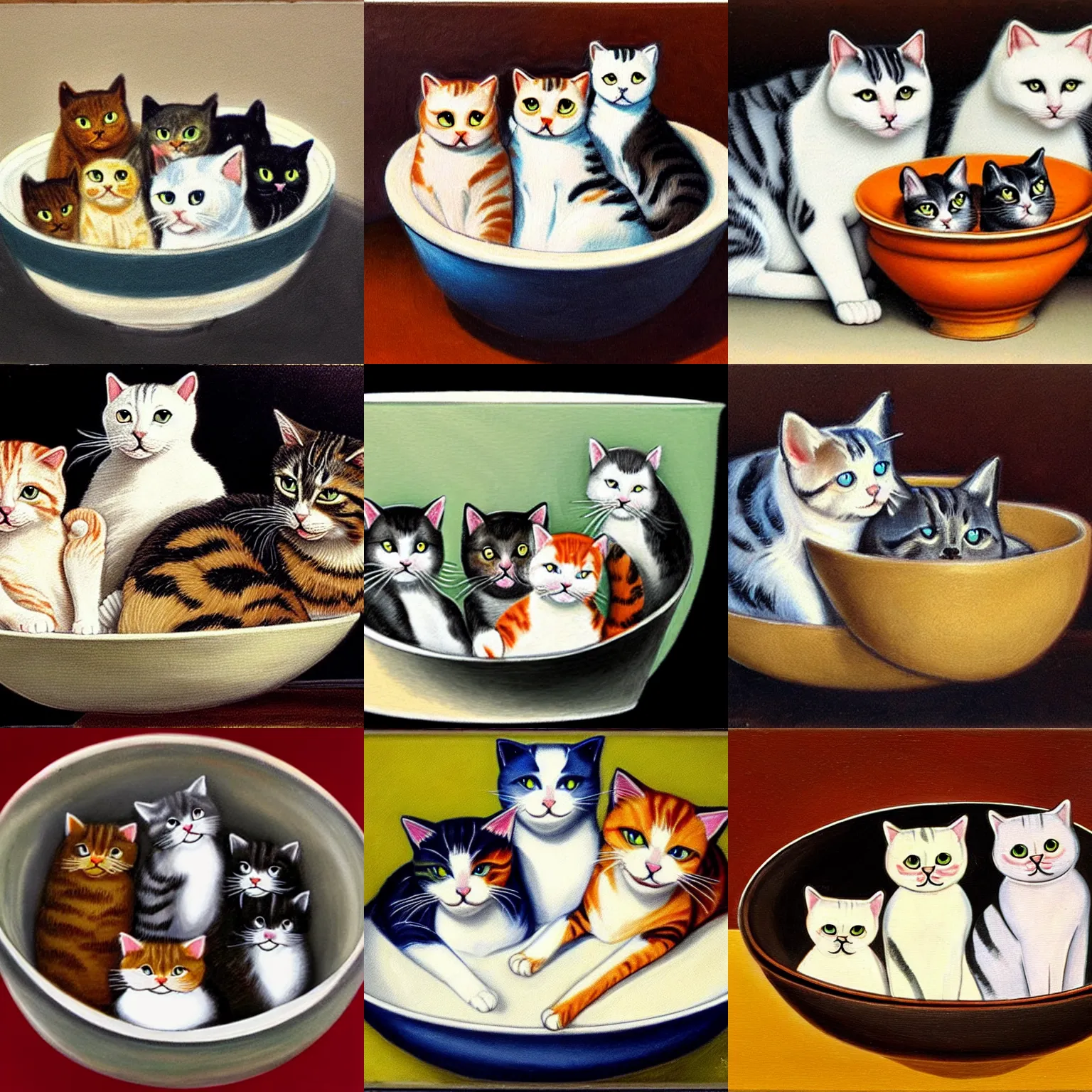 Prompt: a bowl of cats, high detail, realistic