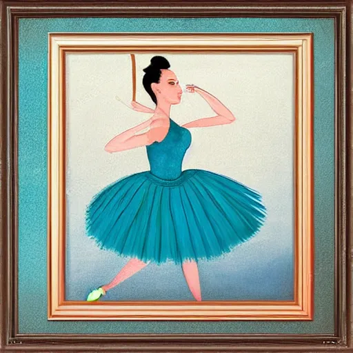 Image similar to square painting of a ballerina drinking wine in a teal room all on a red background