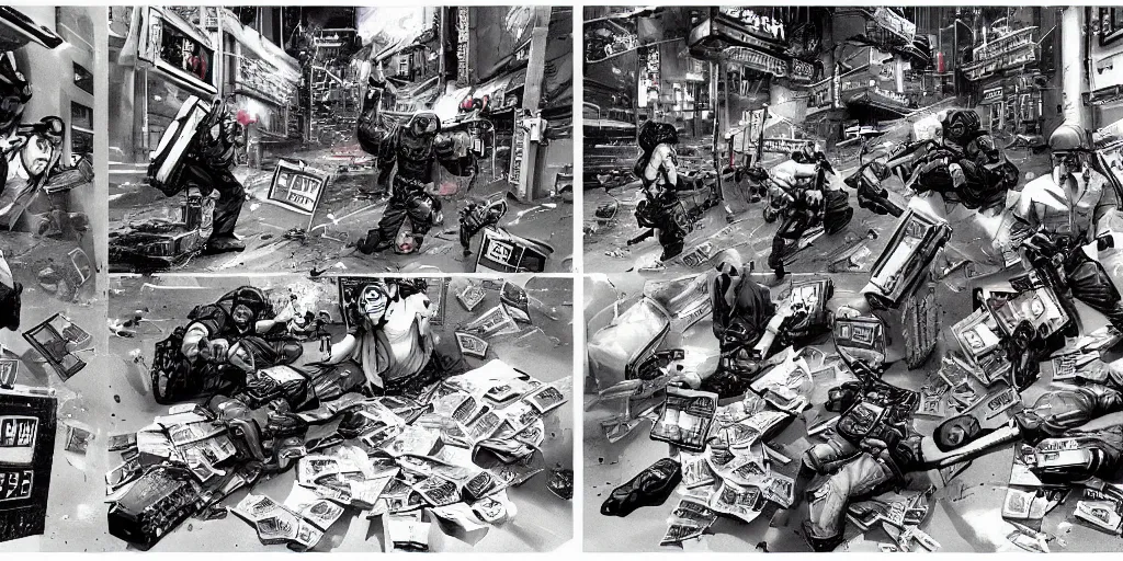 Prompt: 1992 Video Game Concept Art, Anime Neo-tokyo Cyborg bank robbers vs police, Set in Cyberpunk Bank Vault, bags of money, Multiplayer set-piece :9, Police officers hit by bullets, Police Calling for back up, Bullet Holes and Blood Splatter, :6 ,Hostages, Smoke Grenades, Large Caliber Sniper Fire, Chaos, Cyberpunk, Money, Anime Bullet VFX, Machine Gun Fire, Violent Gun Action, Shootout, Escape From Tarkov, Payday 2, Highly Detailed, 8k :7 by Katsuhiro Otomo + Studio Gainax : 8