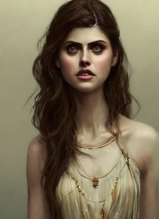 Image similar to a digital painting of Alexandra Daddario wearing a boho dress, by netter, beautiful, gorgeous, long hair, style from greg rutkowski, beautiful eyes, full frame, oil painting, featured on artstation, concept art, smooth, sharp focus, illustration, very detailed, ambient lighting, unreal engine render, concept art by Atey Ghailan, by Loish, by Bryan Lee O'Malley