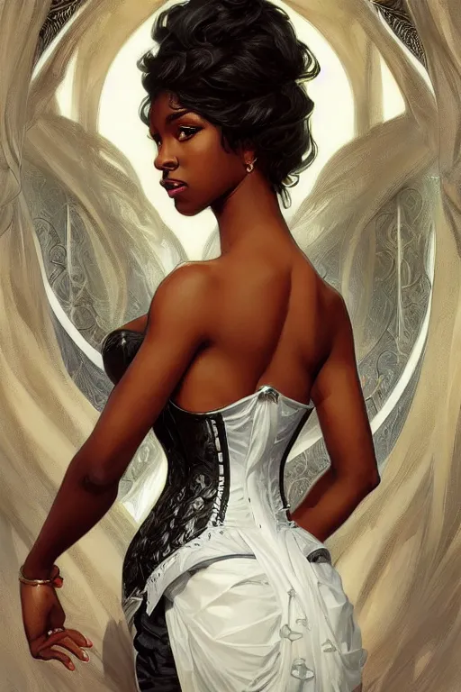 Image similar to cute black woman wearing a white corset dress, fantasy, intricate, highly detailed, digital painting, artstation, concept art, wallpaper, smooth, sharp focus, illustration, art by artgerm and greg rutkowski and alphonse mucha