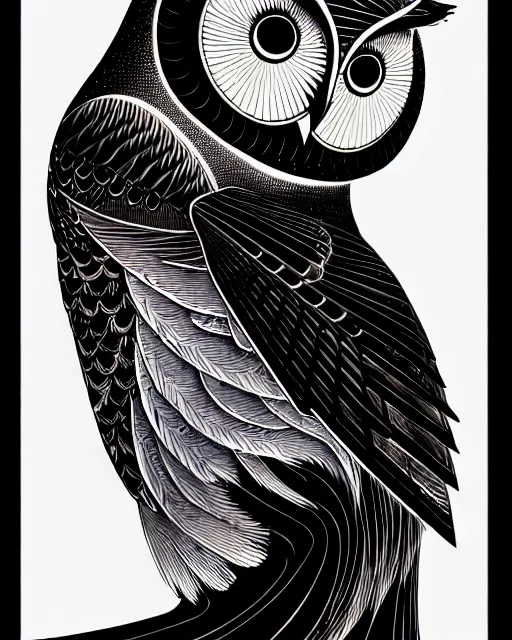 Prompt: side view of a majestic owl, high details, bold line art, by vincent di fate and joe fenton, inking, etching, screen print, masterpiece, trending on artstation, sharp, high contrast, hyper - detailed, hd, 4 k, 8 k