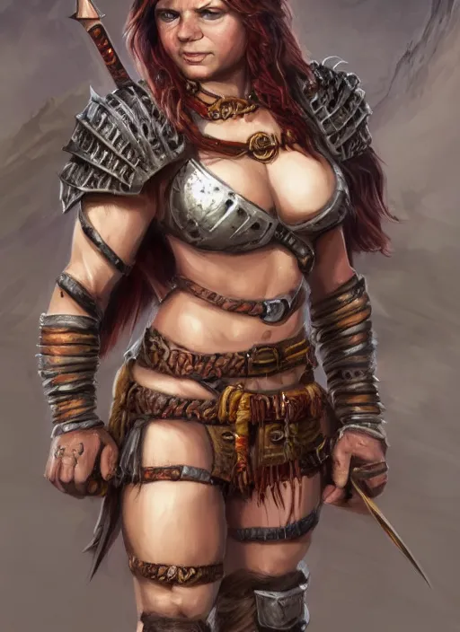 Image similar to midget female barbarian, ultra detailed fantasy, dndbeyond, bright, colourful, realistic, dnd character portrait, full body, pathfinder, pinterest, art by ralph horsley, dnd, rpg, lotr game design fanart by concept art, behance hd, artstation, deviantart, hdr render in unreal engine 5