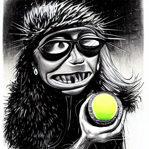 Prompt: a Paris Hilton, woman, paris hilton tennis ball monster, tennis ball, chalk, digital art, fantasy, magic, trending on artstation, ultra detailed, professional illustration by Basil Gogos