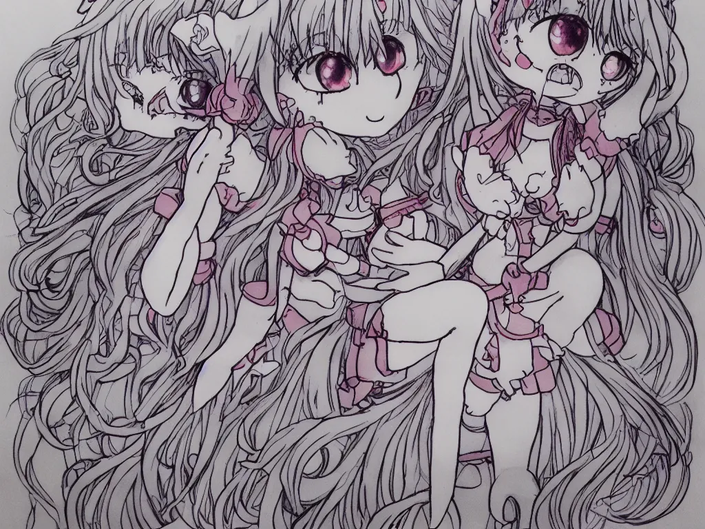 Image similar to color pen plotter outline drawing of a cute fumo plush girl, anime, cursed enigmatic gothic maiden, splashed leaking wet watercolor