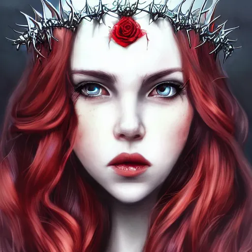 Image similar to side portrait of beautiful vampire, rose thorn crown, thorns everywhere, headshot, pale skin, 4k, bright red hair rule of thirds, extreme detail, detailed drawing, trending artstation, hd, fantasy, D&D, realistic lighting, by Artgerm, Thomas Kindkade, sharp focus, backlit, elegant