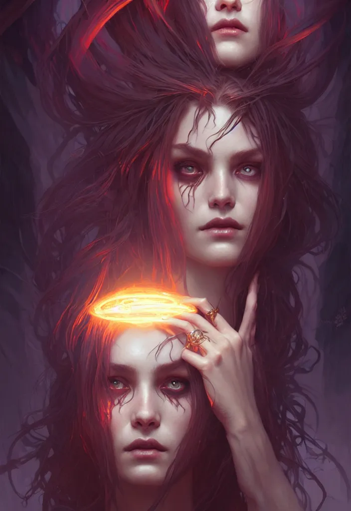 Image similar to Necromancer Sorceress face, fantasy magic, undercut hairstyle, dark light night, intricate, elegant, sharp focus, illustration, highly detailed, digital painting, concept art, matte, art by WLOP and Artgerm and Greg Rutkowski and Alphonse Mucha, masterpiece