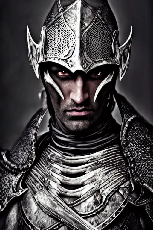 Prompt: head and shoulders portrait of an eldritch knight, drow, dark elf, shadar kai, male, breastplate, magical, high fantasy, d & d, by annie liebovitz, face details, extremely detailed, vogue fashion photo