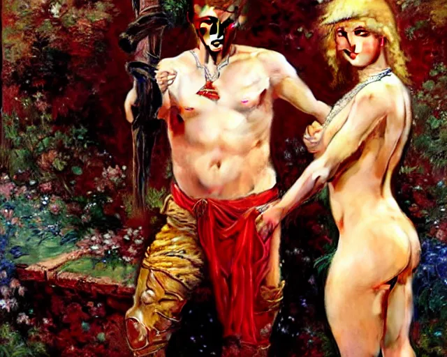 Prompt: donald trump shirtless but still with pants flirting wit his knight. the knight is also flirting back, highly detailed painting by gaston bussiere, craig mullins, j. c. leyendecker