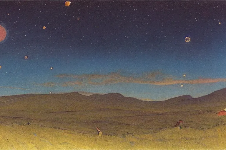 Image similar to night sky with clouds and stars, colorful, canvas, very detailed, oil painting, canvas, Theodor Kittelsen