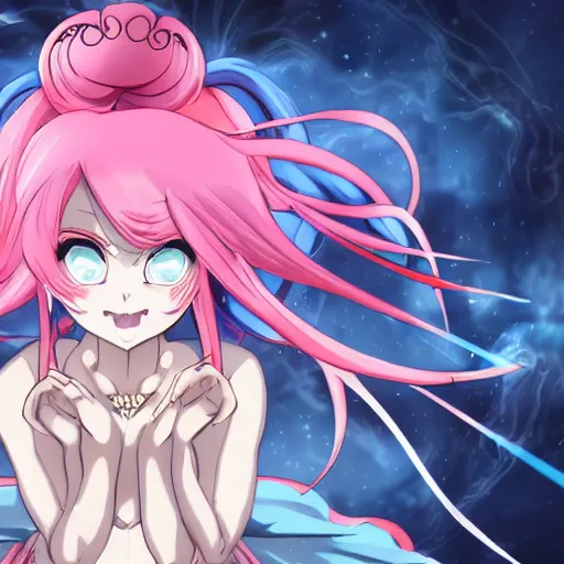 Image similar to stunningly beautiful omnipotent megalomaniacal anime goddess who looks like junko enoshima with porcelain skin, pink twintail hair and mesmerizing cyan eyes, symmetrical perfect face smiling in a twisted, mischievous, devious and haughty way while looking down upon the viewer and taking over the universe, mid view, hyperdetailed, 2 d, 8 k