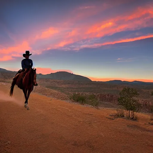 Prompt: an image of a dark haired cowboy riding a horse in canyon at sunrise by Mark Maggiori