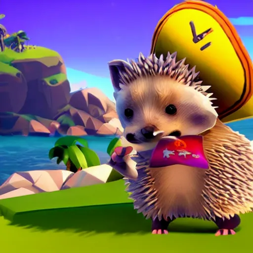 Image similar to hedgehog playing golf in sea of thieves, hedgehog wearing a pirate hat, cute, colourful, happy, adorable