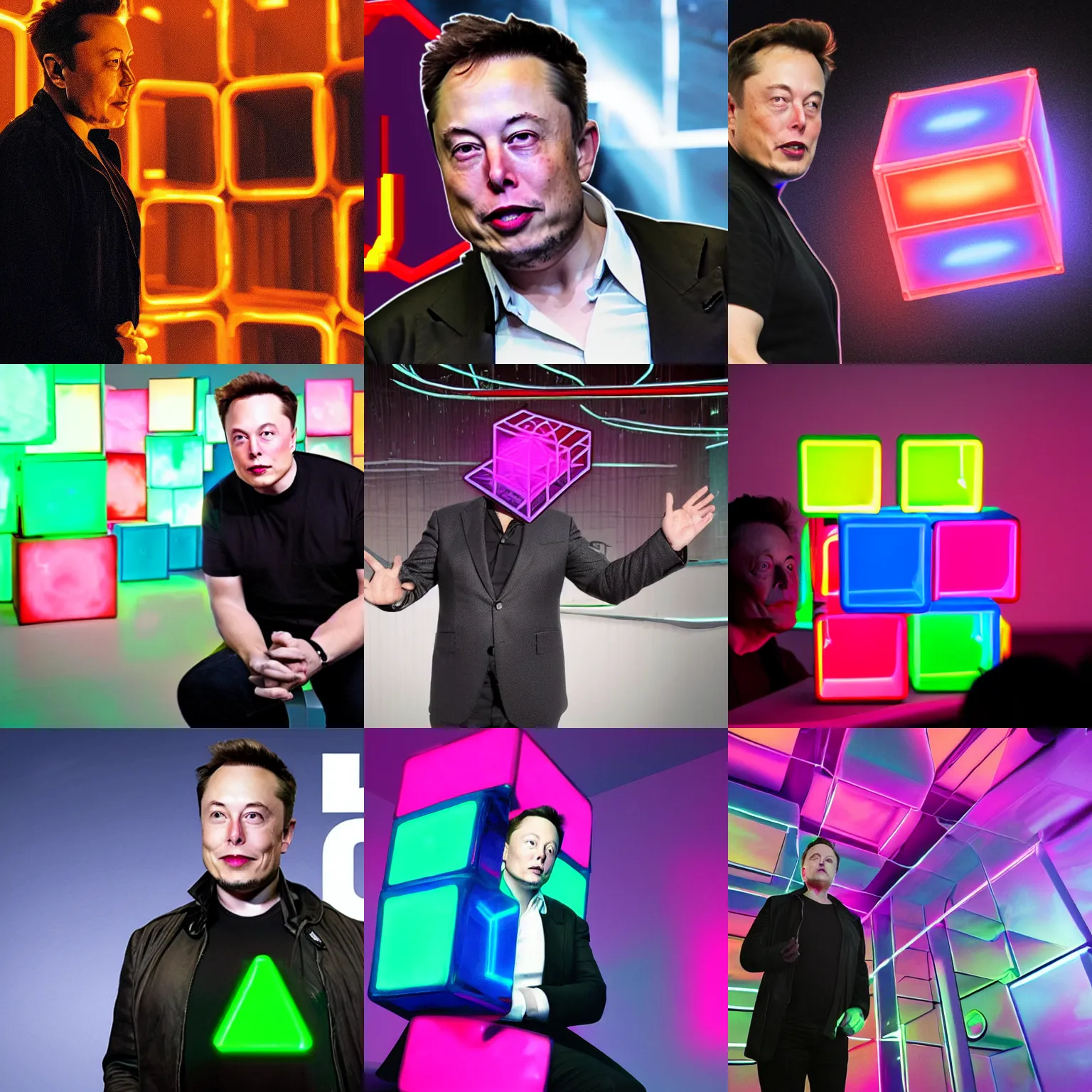 Prompt: elon musk trapped in a glowing neon cube
