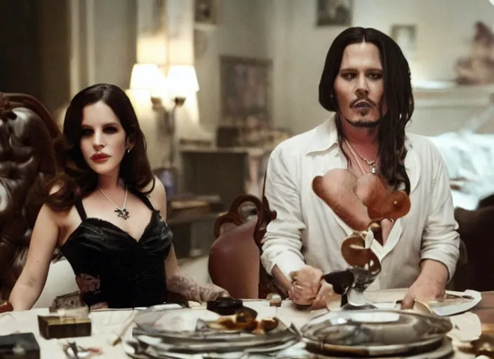 Prompt: movie still of a lana del rey with a big bust sitting at a table with johnny depp, smooth scene transition, directed by Quintin Tarantino