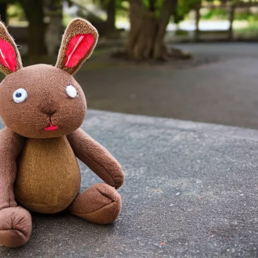 Prompt: a soft chocolate plush rabbit hand stitched from an old sock and showing signs of years aging and tearing now sat alone wearing an old karate uniform beneath an old park bench on the sidewalk beneath an old oak tree, photography, photorealistic, national geographic