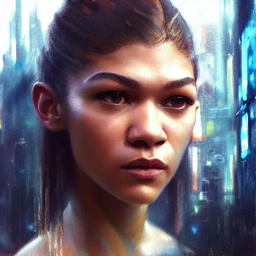 Image similar to zendaya, hyperrealistic portrait, bladerunner street, art of elysium by jeremy mann and alphonse mucha, fantasy art, photo realistic, dynamic lighting, artstation, poster, volumetric lighting, very detailed face, 4 k, award winning