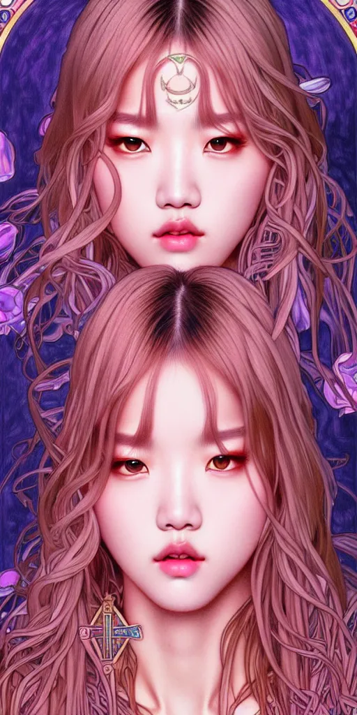 Image similar to lalisa manoban of blackpink, goddess of the moon, tarot card, highly detailed, digital painting, smooth, sharp focus, illustration, ultra realistic, 8 k, art by artgerm and alphonse mucha