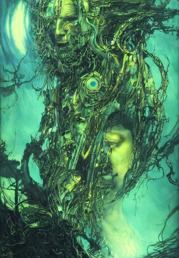 Image similar to ( underwater ) middle length portrait of a glowing cyborg leshy, cinematic light, looking to the side off camera, backlight glow, green gold, mist, by mikhail vrubel, by philippe druillet, by peter elson, by gerald brom, muted colors, extreme detail, trending on artstation, 8 k