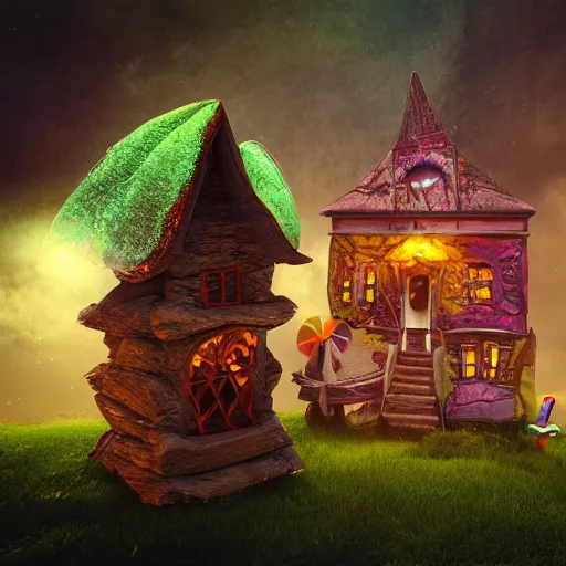 Image similar to a witches house made out of candy with a scary witch in front of the house, floating on the ocean, epic scene, fantasy, cinematic, redshift render, cgi, hyper - detailed, photo - bash, 8 k post - production, masterpiece