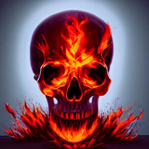 Image similar to a highly detailed human skull on fire in front of a glowing red background, 3 d, highly detailed, digital art, artstation, concept art, trending