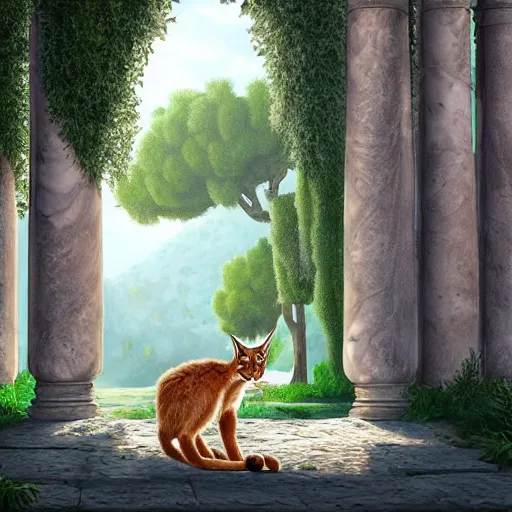 Image similar to cute fluffy caracal wearing toga, in ancient greek town, marble columns, olive trees, sunny, a beautiful landscape by gediminas pranckevicius