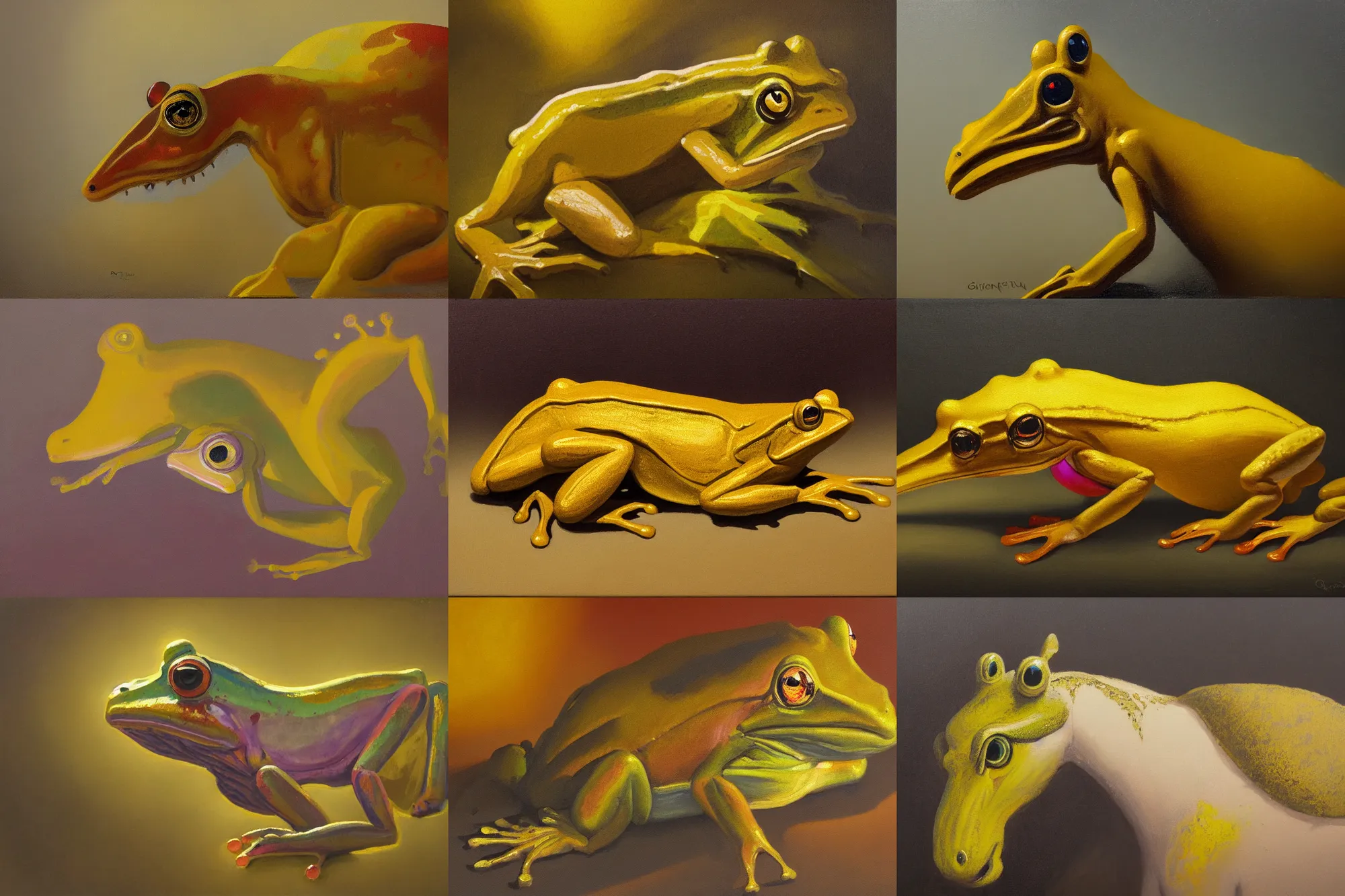 Prompt: tonalist painting of diaphanous horse - faced frog monster, golden ratio composition, yellow ochre, titanium white, quinacridone magenta, hard lighting, figurative art, plein air, edge lighting, atmospheric, ambient occlusion, subsurface scattering, dust