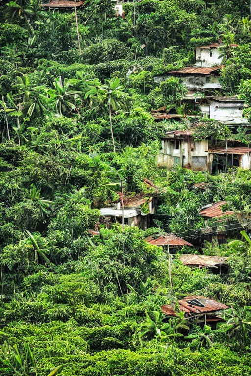 Image similar to abandoned sri lankan city, overgrown greenery, photograph