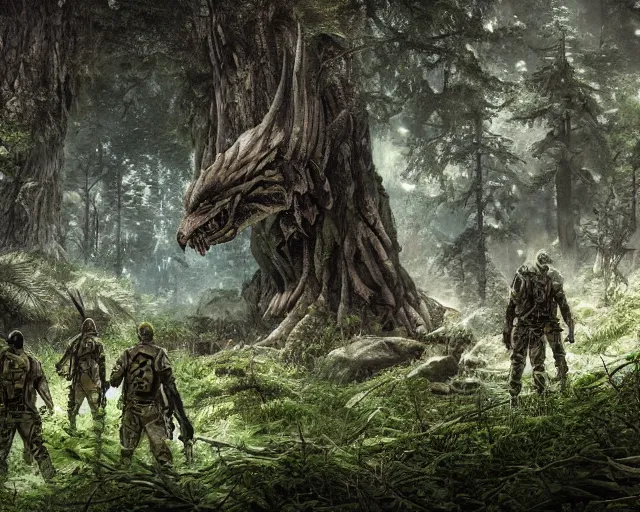 Image similar to predators lurking in the woods, matte painting, ultra wide shot, sharp focus, wallpaper art, dramatic lighting, concept artwork by greg rutowski and murata range