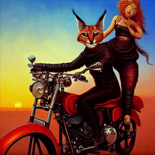 Image similar to a detailed painting of a cute caracal riding a harley davidson motorcycle. movie scene, cinematic scene, sunset, road. by beksinski and carl spitzweg and tuomas korpi. baroque elements. baroque element. intricate artwork by caravaggio. oil painting. award winning. trending on artstation. 8 k