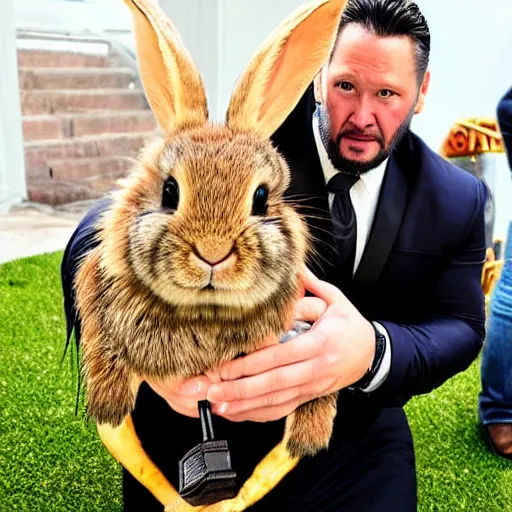 Prompt: keanue reeves posing with a rabbit wearing a john wick costume