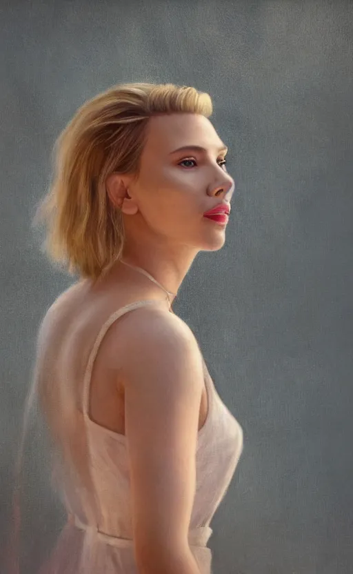 Prompt: portrait of scarlett johansonn , 3/4 view realistic, detailed, diffuse sunlight, soft lights, bokeh Paris in background