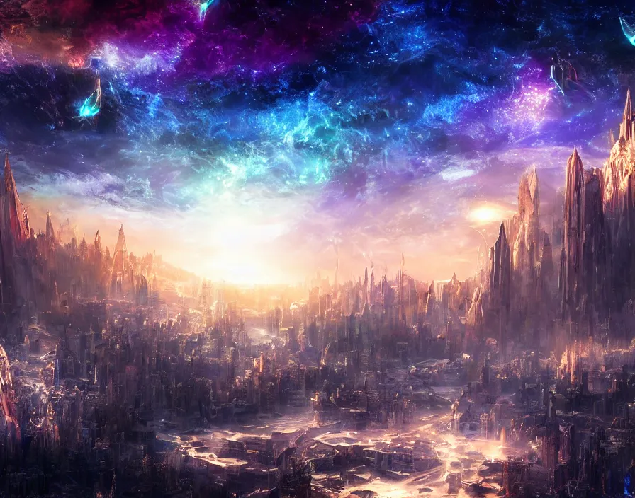 Prompt: city with crystals, fantasy artwork, very beautiful scenery, sky is made up of cosmic stars, hd, hdr, ue 5, ue 6, unreal engine 5, cinematic 4 k wallpaper, 8 k, ultra detailed, by popular digital, details, beautiful image ever created, high resolution, artstation, award winning