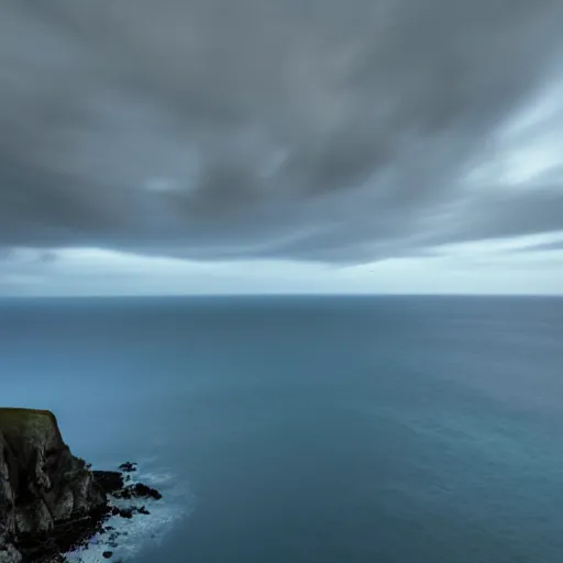 Image similar to micro - hurricane, blue hour, early night, deep blue atmosphere, overcast, low light, black and blue sky, sundown, scattered islands, sea, ocean, low pressure system, cloud with eye, very windy, late evening, distant hotel retreat on cliffside, shining lights on cliff side, polaroid photograph