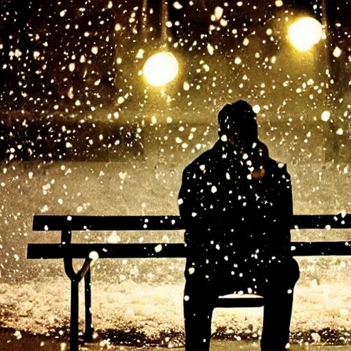 Image similar to close up front side view, man sitting on park bench on christmas eve smoking cigarette snowing snowy. cigarette glowing embers smoke volumetric c4d. harsh lighting, live action photo 1993 film. bokeh Christmas lights in the background